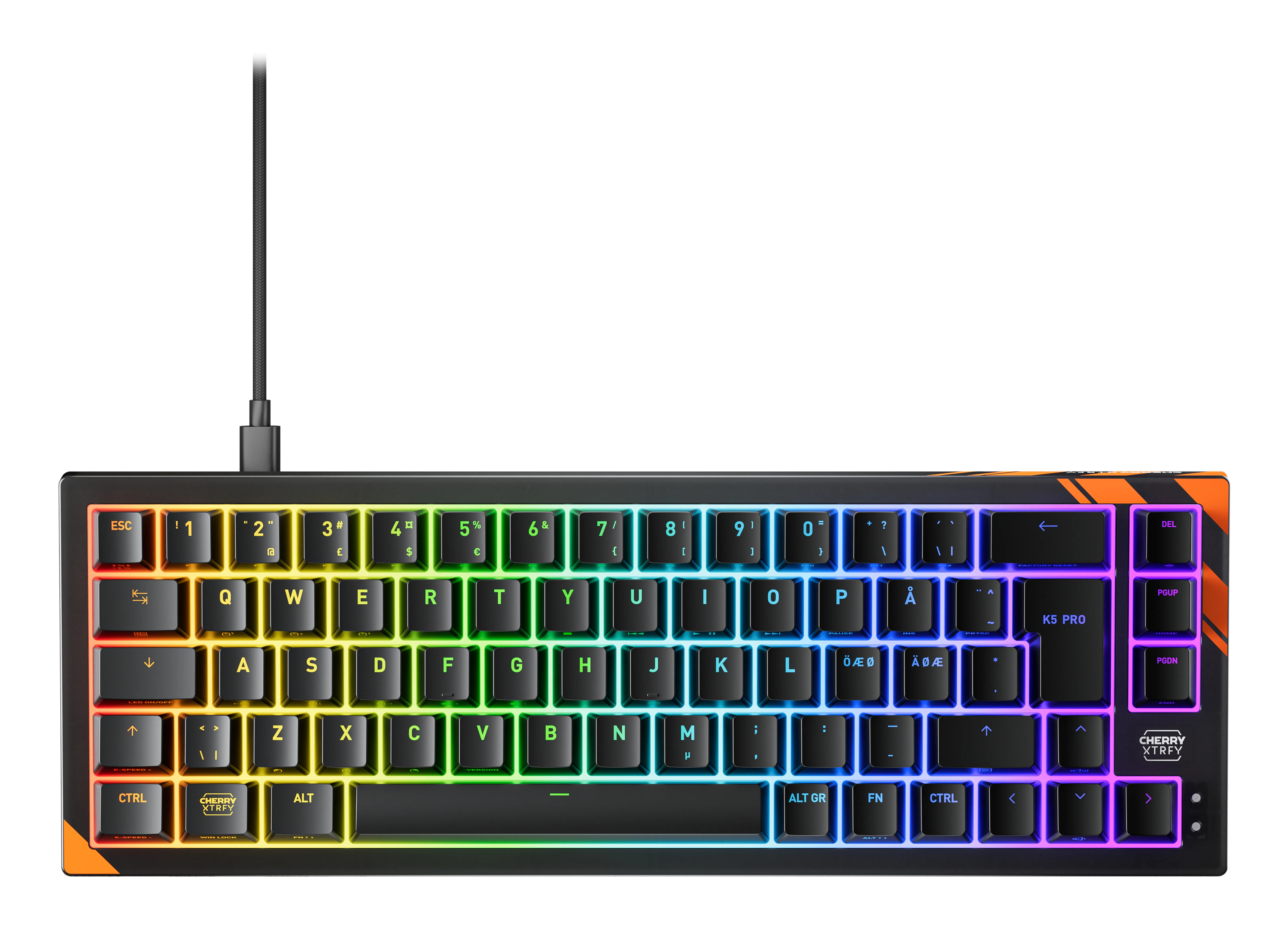 CHERRY K5 Pro TMR 65% -mekaaninen pelin&auml;pp&auml;imist&ouml;, MK Crystal Magnetic, musta, oranssi