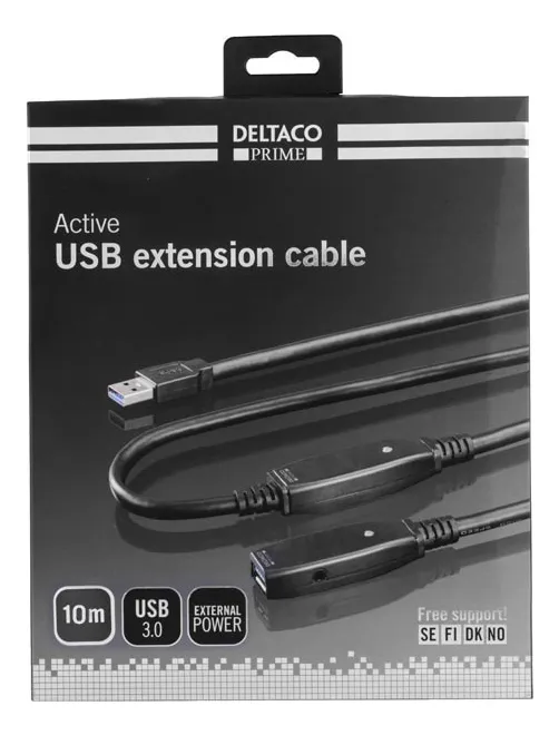 Deltaco Active USB-A 3.0 -jatkokaapeli, 10 m, Musta