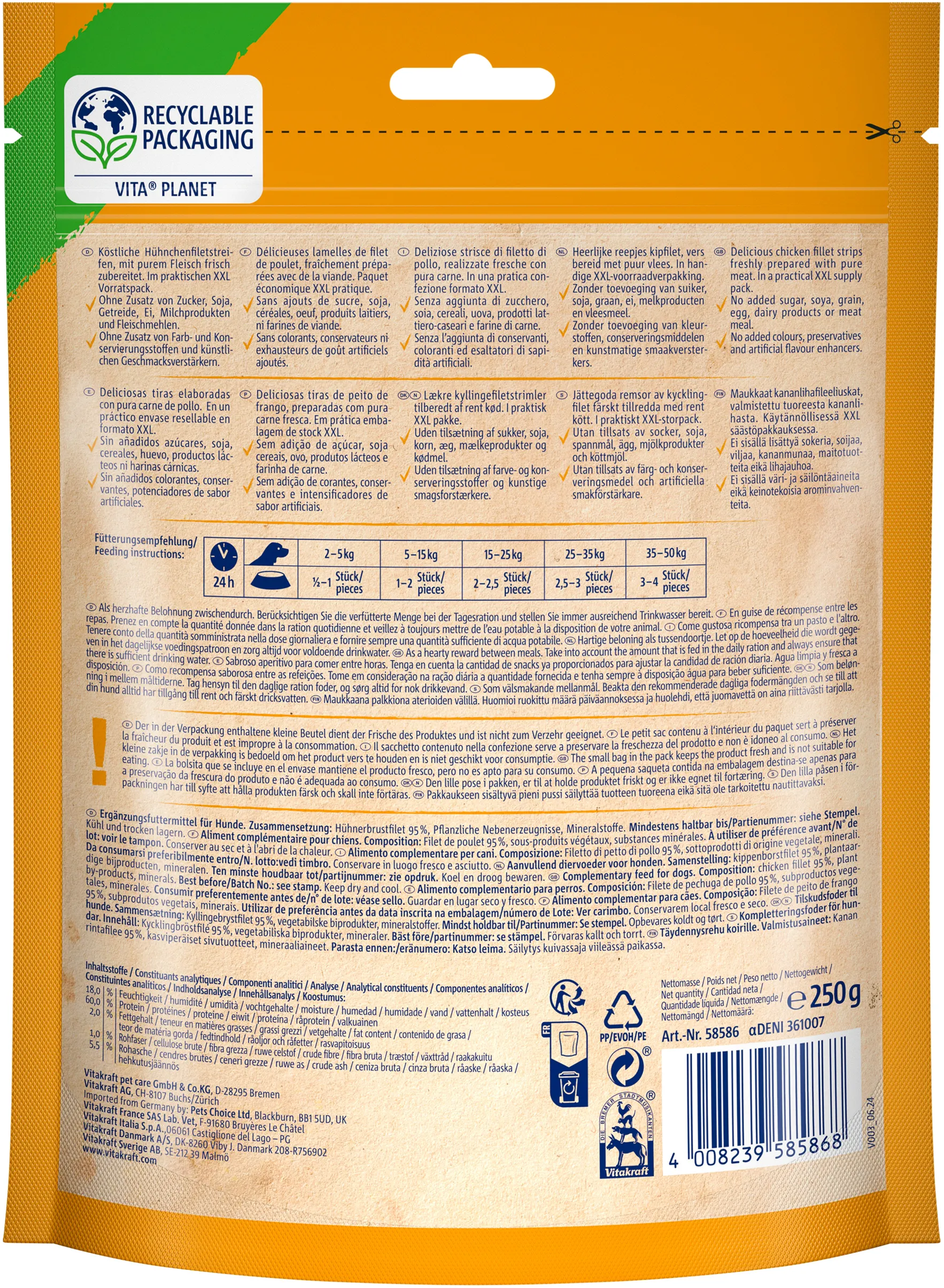 Vitakraft Pure Chicken Fillets XXL, Adult, Gluten Free, Sugar Free, 250g