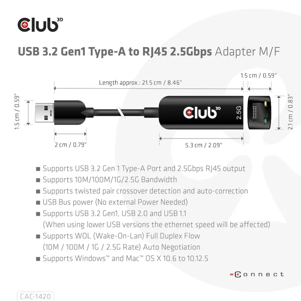 CLUB 3D USB TYPE A 3.1 GEN 1 TO RJ45 2.5GB ETHERNET ADAPTER