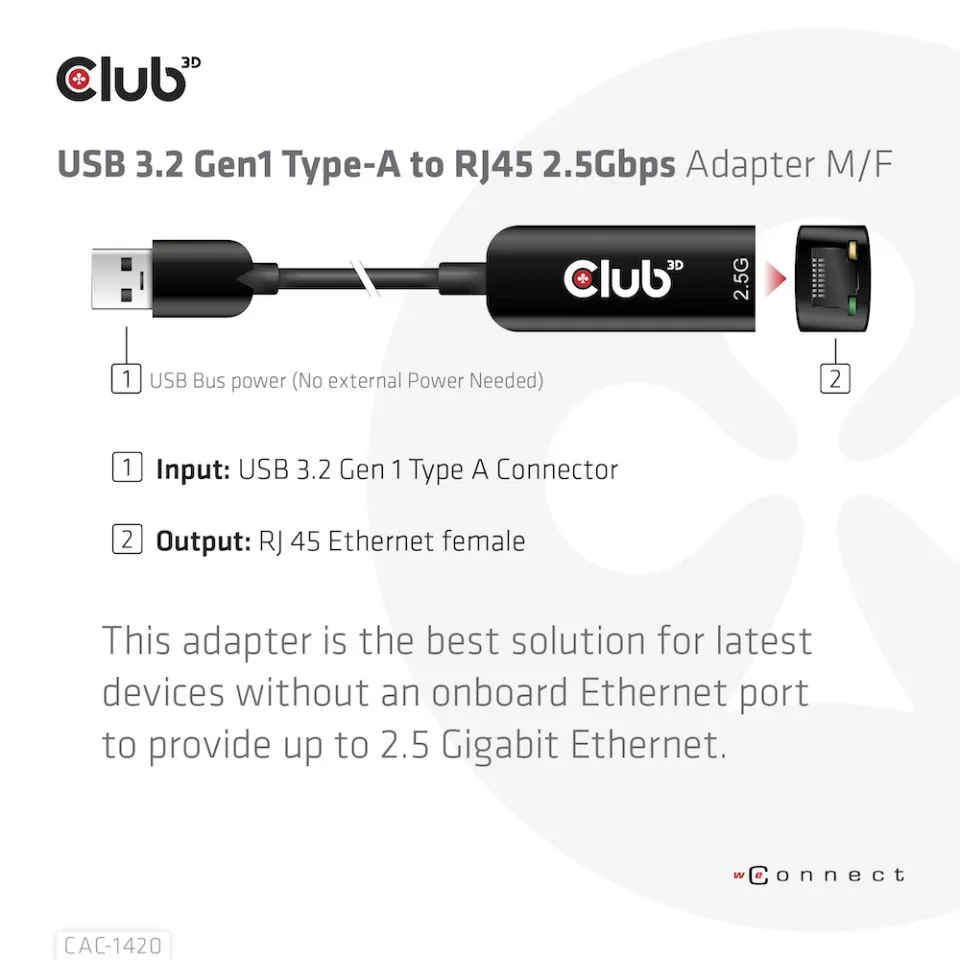 CLUB 3D USB TYPE A 3.1 GEN 1 TO RJ45 2.5GB ETHERNET ADAPTER