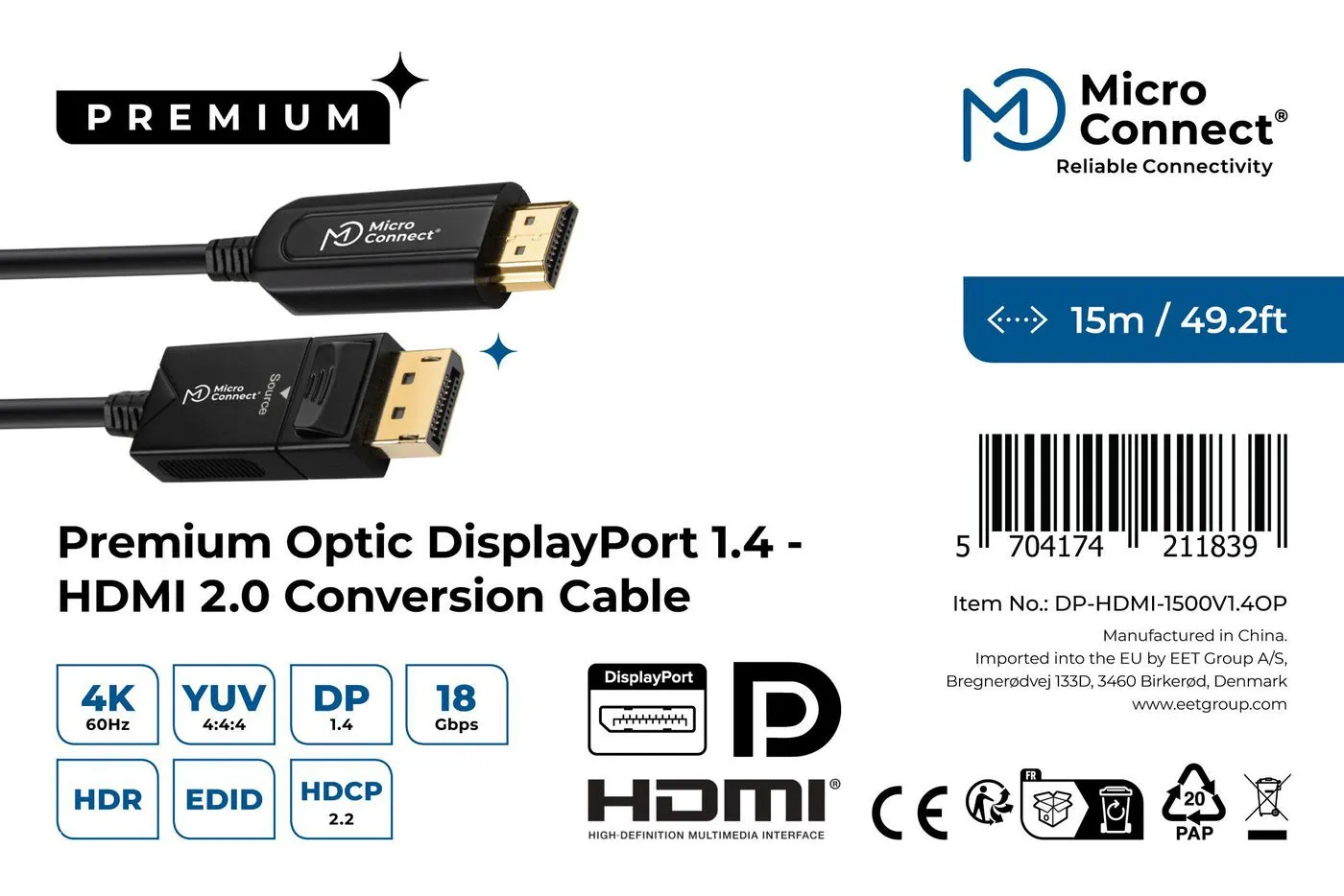 MicroConnect Active DisplayPort to HDMI Adapter Cable, 15 m, Black