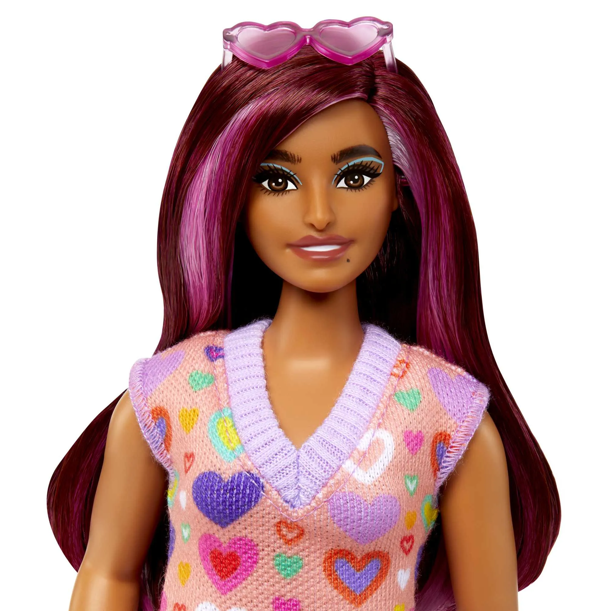 Mattel Barbie Fashionistas doll with pink highlights and heart print dress