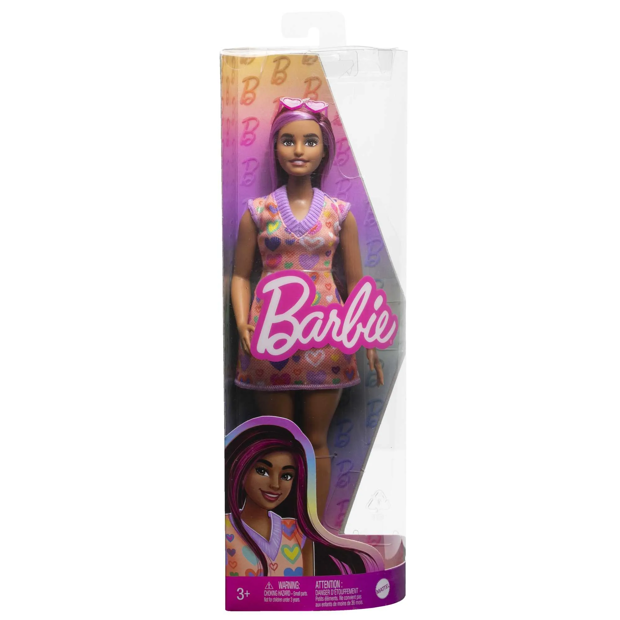 Mattel Barbie Fashionistas doll with pink highlights and heart print dress
