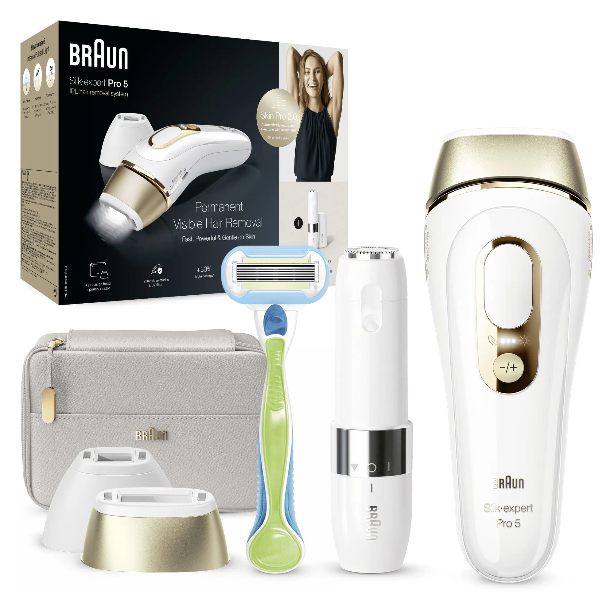 Braun Silk-expert Pro 5 IPL PL5159 - hair remover, white/gold, incl. bag + face mini facial hair remover + Venus Extra Smooth
