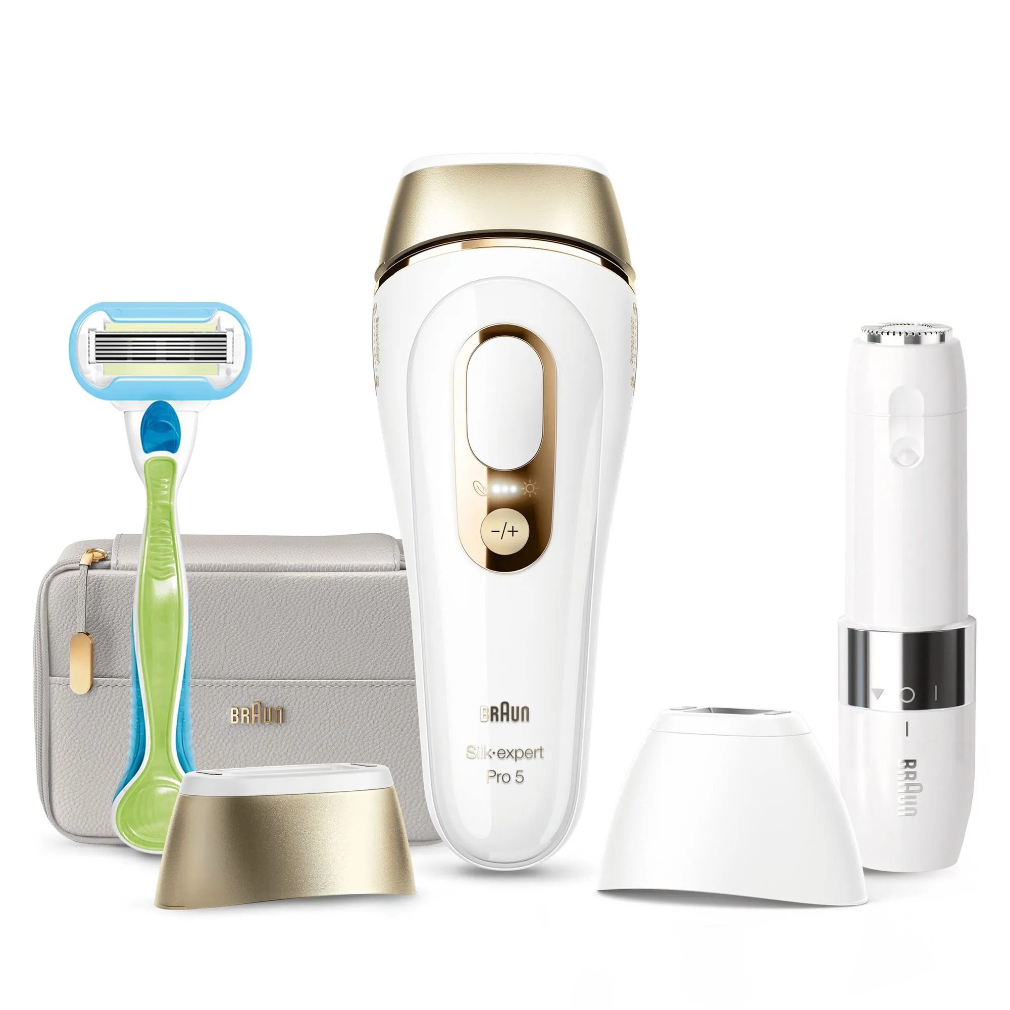 Braun Silk-expert Pro 5 IPL PL5159 - hair remover, white/gold, incl. bag + face mini facial hair remover + Venus Extra Smooth