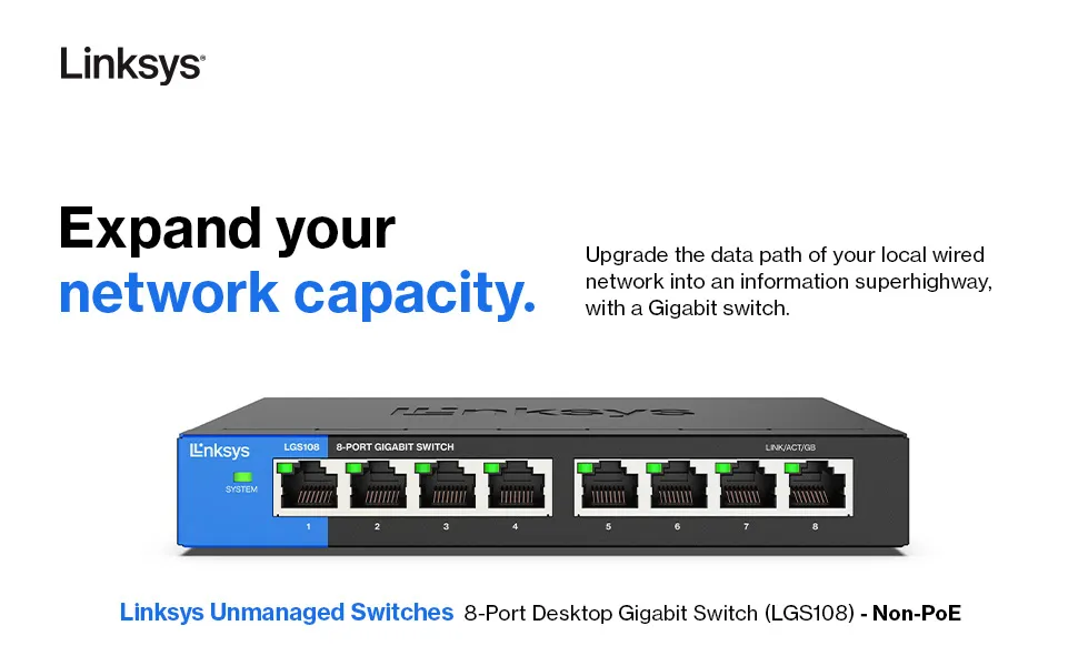 Linksys LGS108 - Kytkin - hallitsematon - 8 x 10/100/1000 - ty&ouml;p&ouml;yt&auml; - AC 100/230 V
