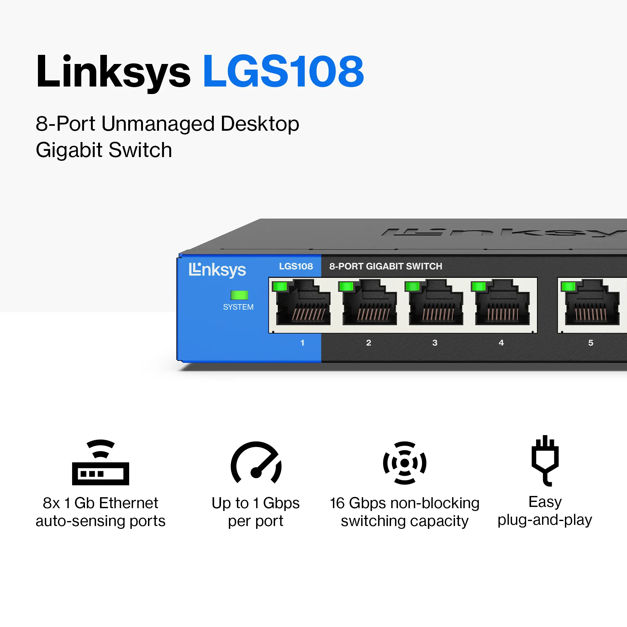 Linksys LGS108 - Kytkin - hallitsematon - 8 x 10/100/1000 - ty&ouml;p&ouml;yt&auml; - AC 100/230 V
