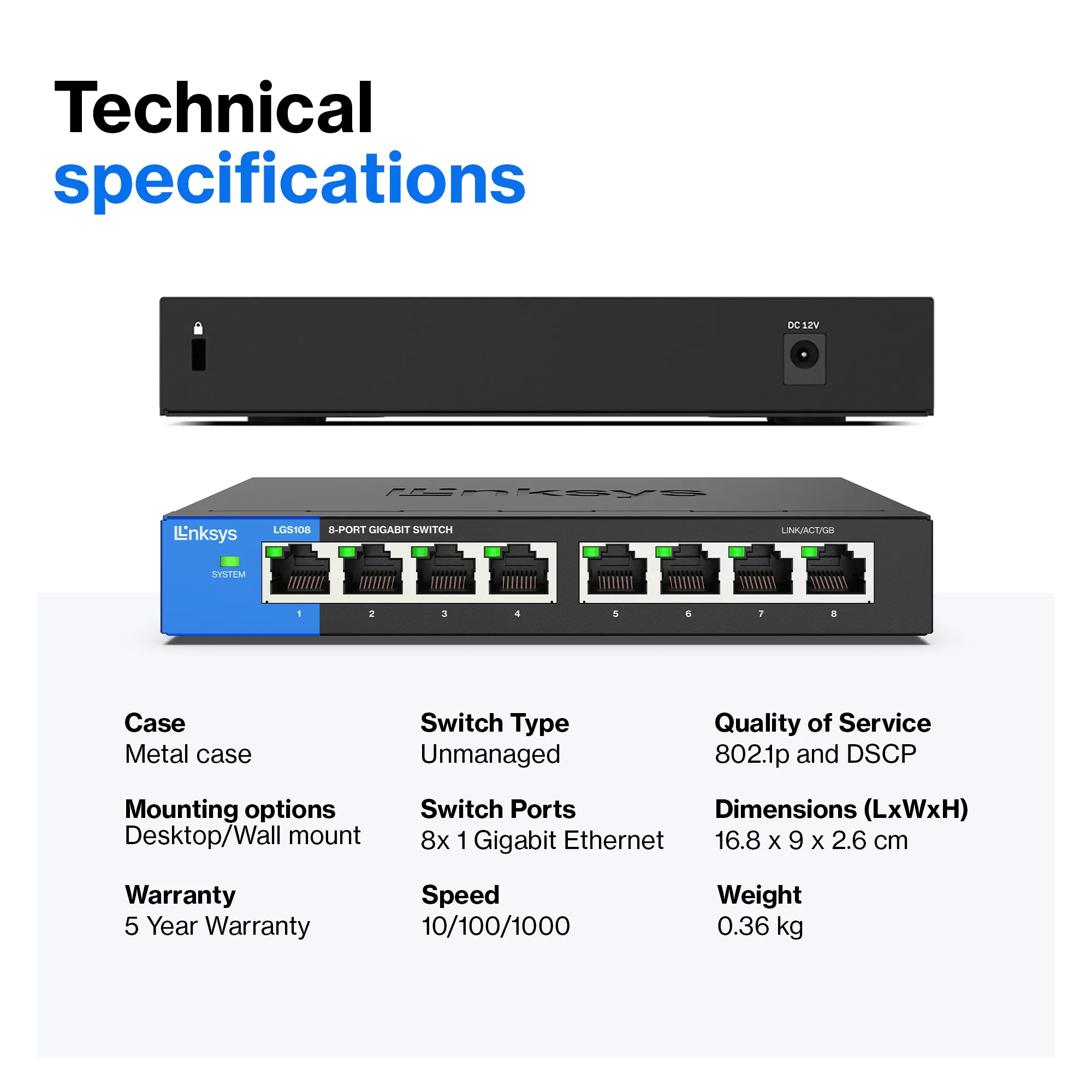 Linksys LGS108 - Kytkin - hallitsematon - 8 x 10/100/1000 - ty&ouml;p&ouml;yt&auml; - AC 100/230 V