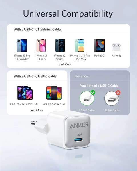 Anker 511 Charger (Nano Pro) - USB-C-v&auml;ggladdare, vit