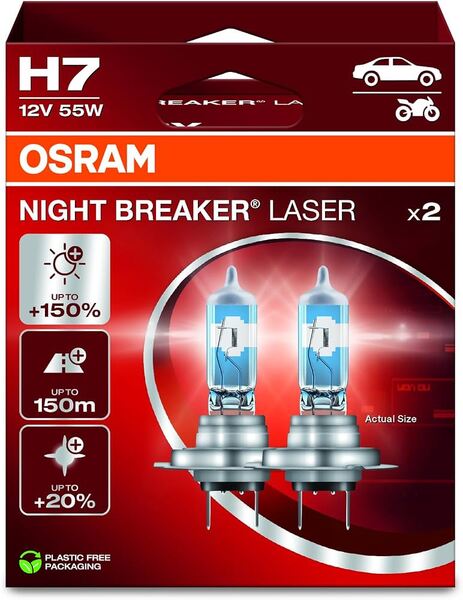 OSRAM NIGHT BREAKER LASER H7 -halogenstr&aring;lkastarlampor, 55 W, 12 V, PX26d,, 2-pack
