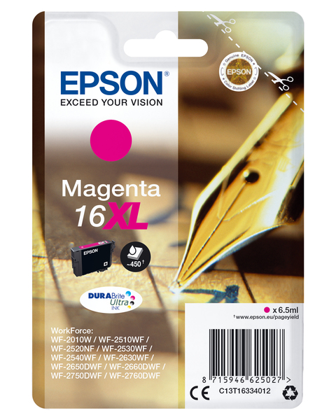 Epson 16XL - 6.5 ml - XL-koko - magenta - alkuper&auml;inen - blister RF:ll&auml;/&auml;&auml;nih&auml;lyttimell&auml; - mustepatruuna malleihin WorkForce WF-2010, 2510, 2520, 2530, 2540, 26