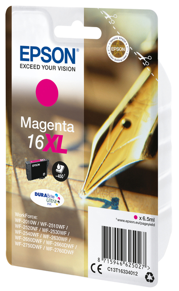 Epson 16XL - 6.5 ml - XL-koko - magenta - alkuper&auml;inen - blister RF:ll&auml;/&auml;&auml;nih&auml;lyttimell&auml; - mustepatruuna malleihin WorkForce WF-2010, 2510, 2520, 2530, 2540, 26