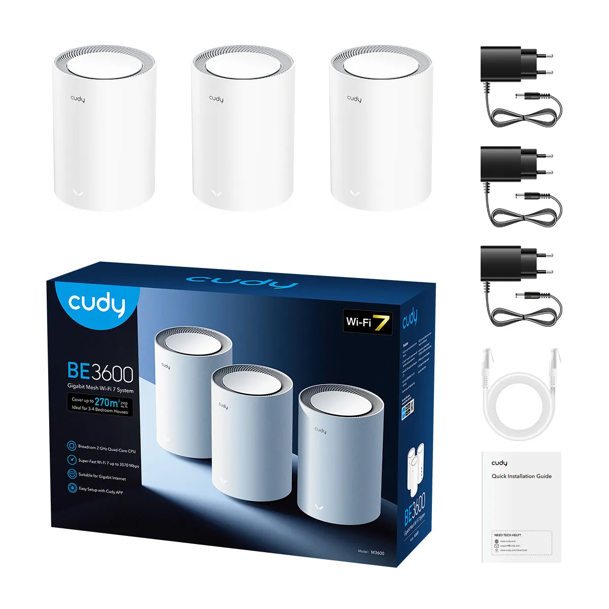 Cudy M3600 mesh WiFi-system, Wi-Fi 7, BE3600, Dual-band, 3 st, vit