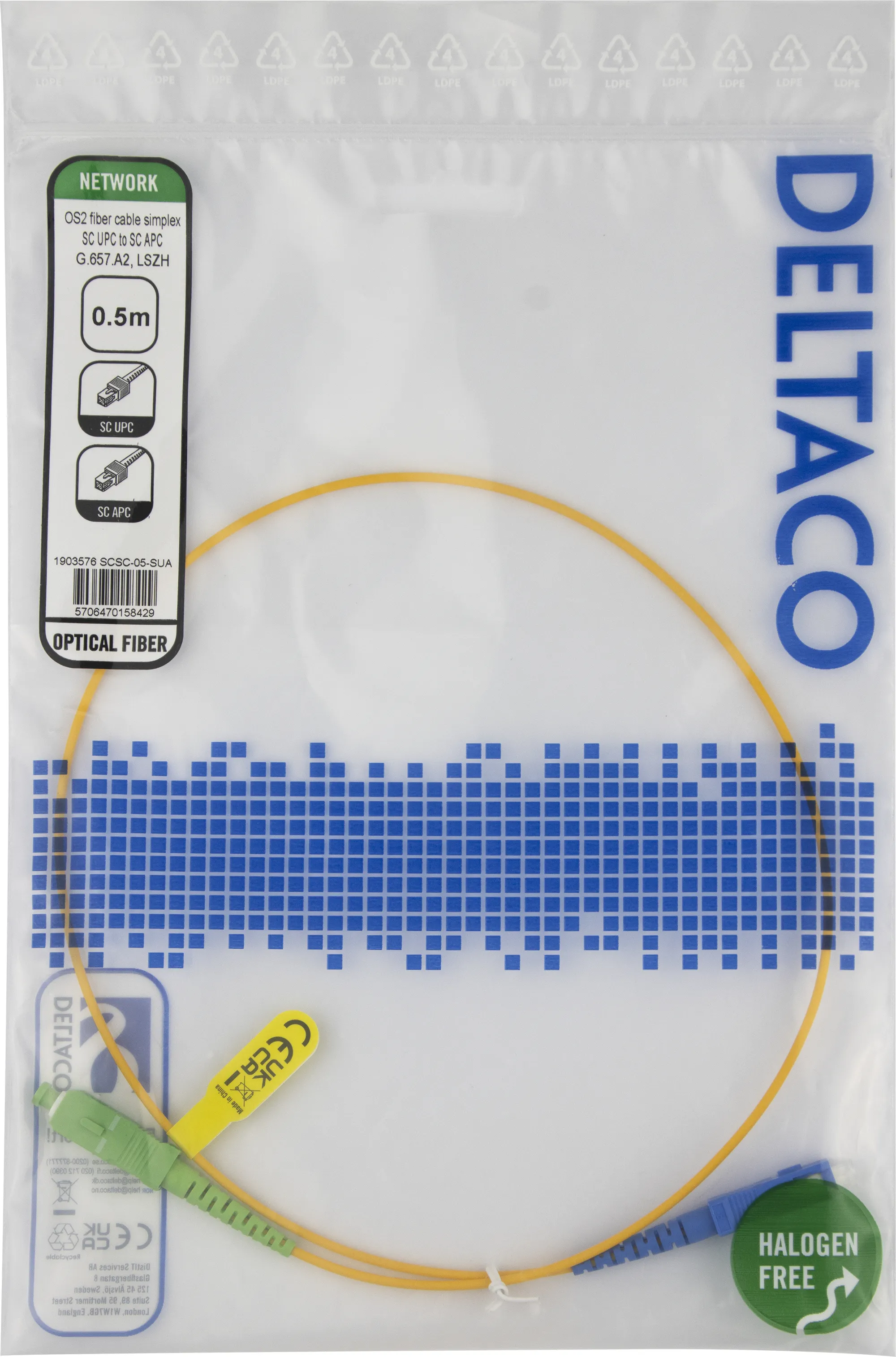 Deltaco OS2 LSZH SC-SC 0.5m -valokuitukaapeli, keltainen