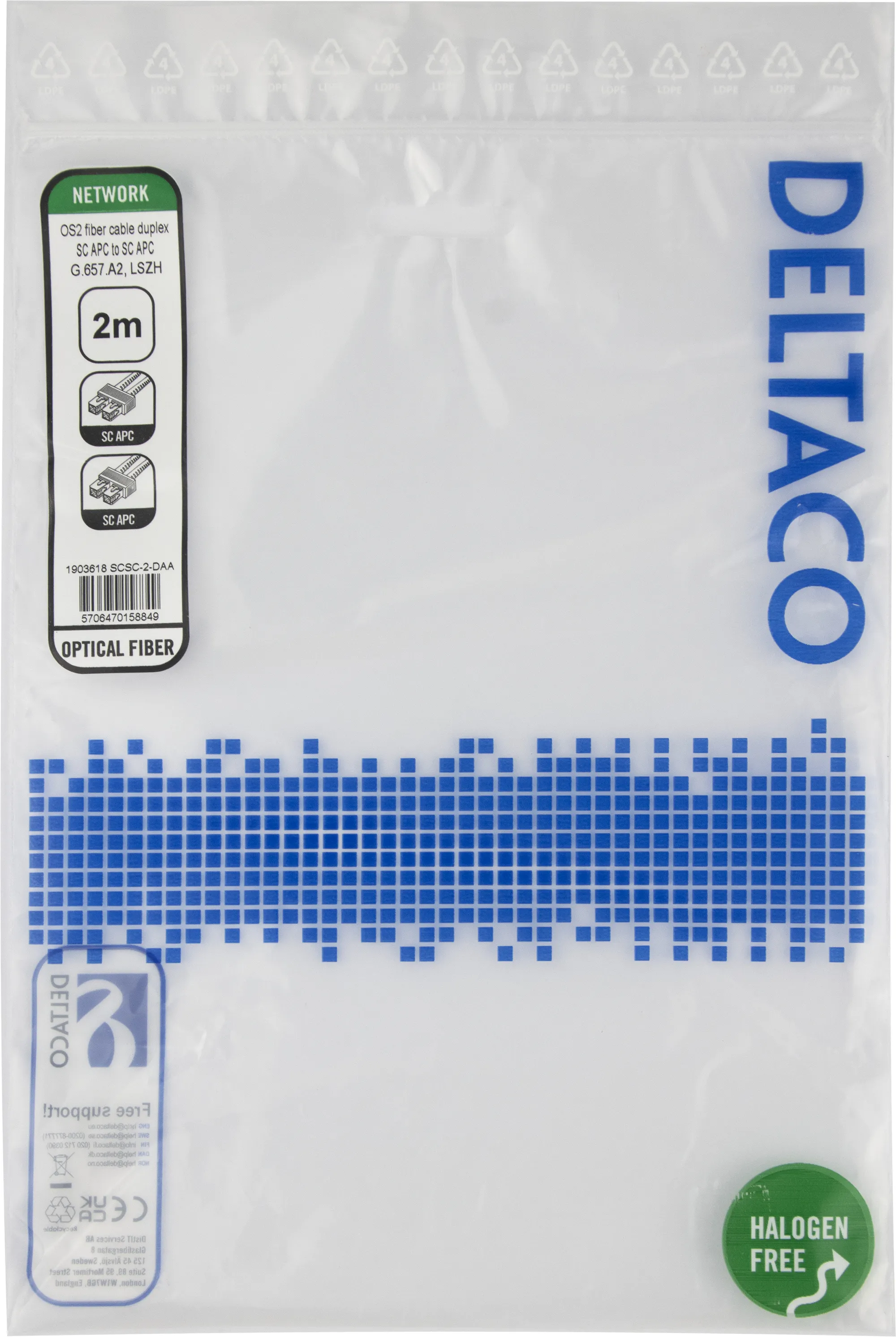 Deltaco OS2 LSZH SC-SC 2m Fiber Optic Cable, Yellow