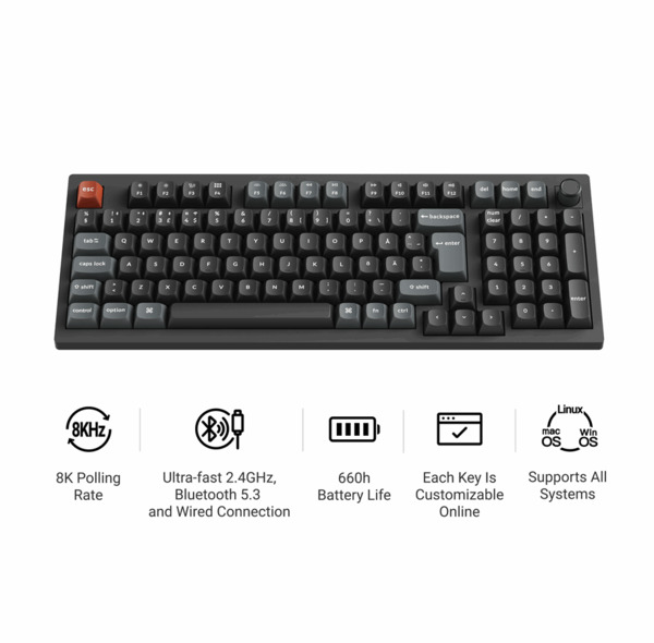 Keychron V5 Ultra 8K 96% -langaton mekaaninen pelin&auml;pp&auml;imist&ouml;, Silk POM Red, musta
