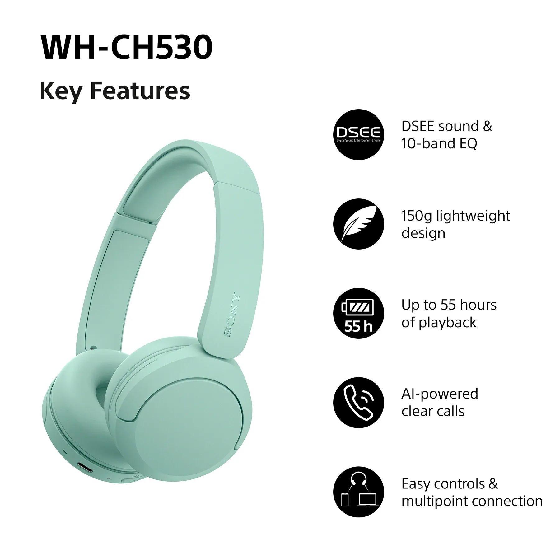 Sony WH-CH530 -langattomat kuulokkeet, mintunvihre&auml;