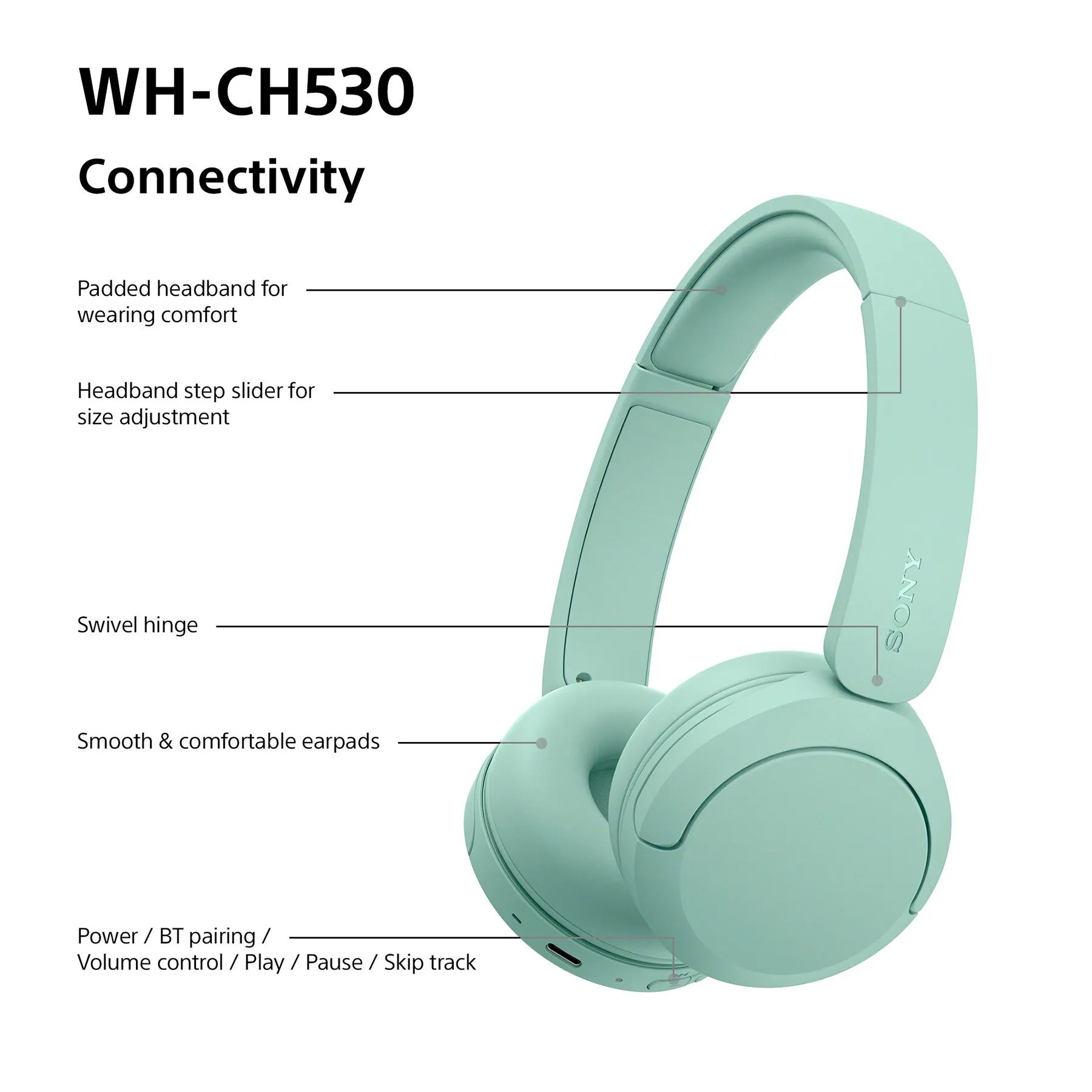 Sony WH-CH530 -langattomat kuulokkeet, mintunvihre&auml;