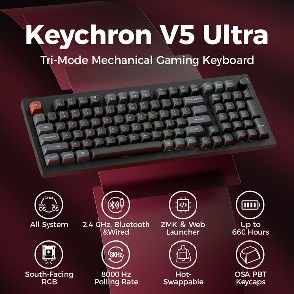 Keychron V5 Ultra 8K 96% -langaton mekaaninen pelin&auml;pp&auml;imist&ouml;, Silk POM Red, musta