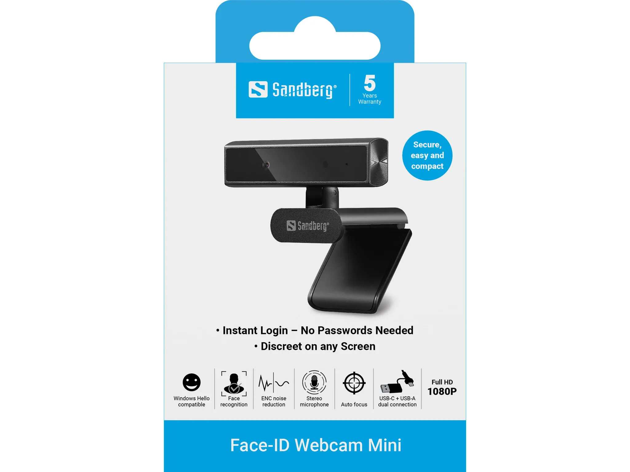 Sandberg Face-ID Webcam Mini Full HD 1080p webbkamera, svart