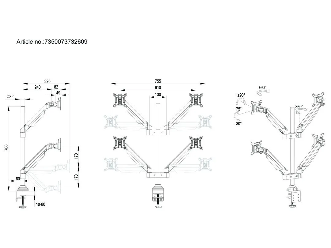 Multibrackets M VESA Gas Lift Arm Quad HD bordf&auml;ste, f&ouml;r 4 sk&auml;rmar, 15-32", med gasfj&auml;der, 21 kg, svart