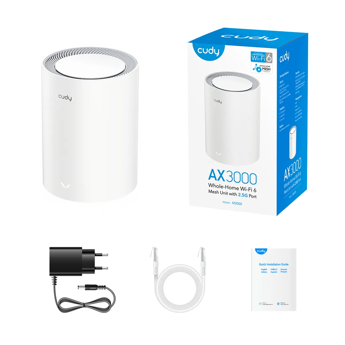 Cudy M3000 -mesh WiFi -j&auml;rjestelm&auml;, Wi-Fi 6, AX3000, Dual-band, 1 kpl, valkoinen