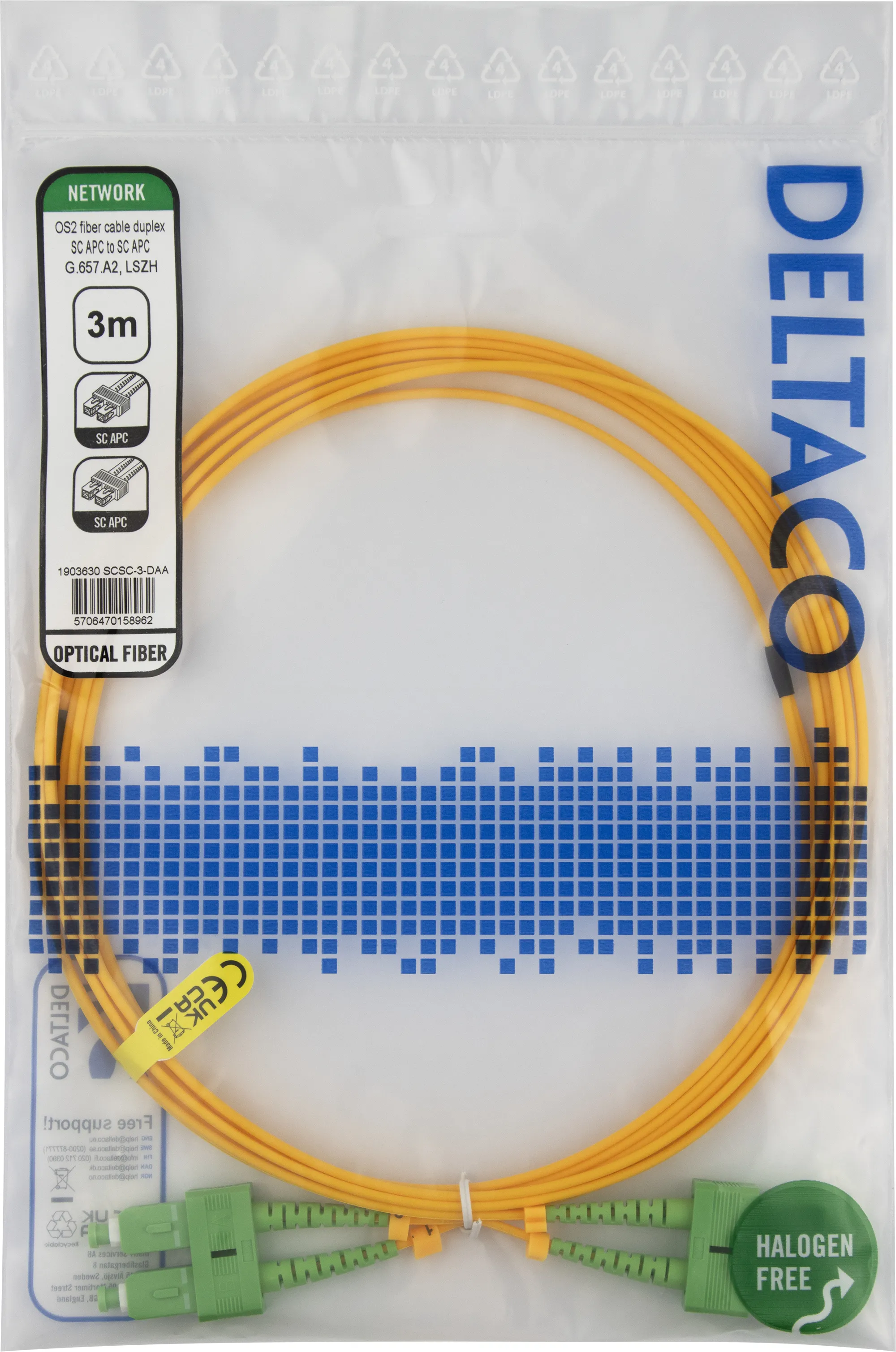 Deltaco OS2 LSZH SC-SC 3m -valokuitukaapeli, keltainen