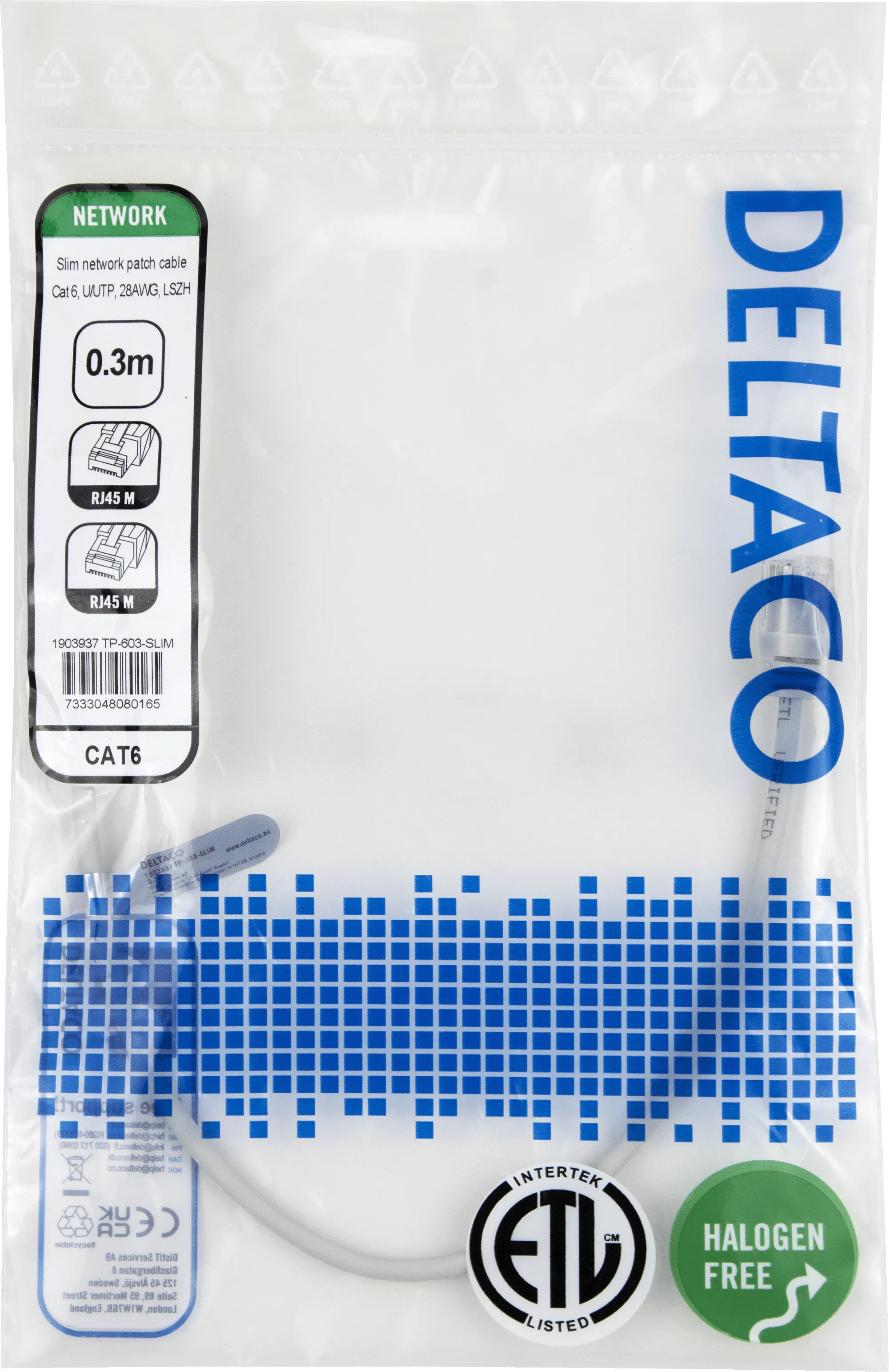 Deltaco Cat6 UTP RJ45 0.3m -verkkokaapeli, harmaa