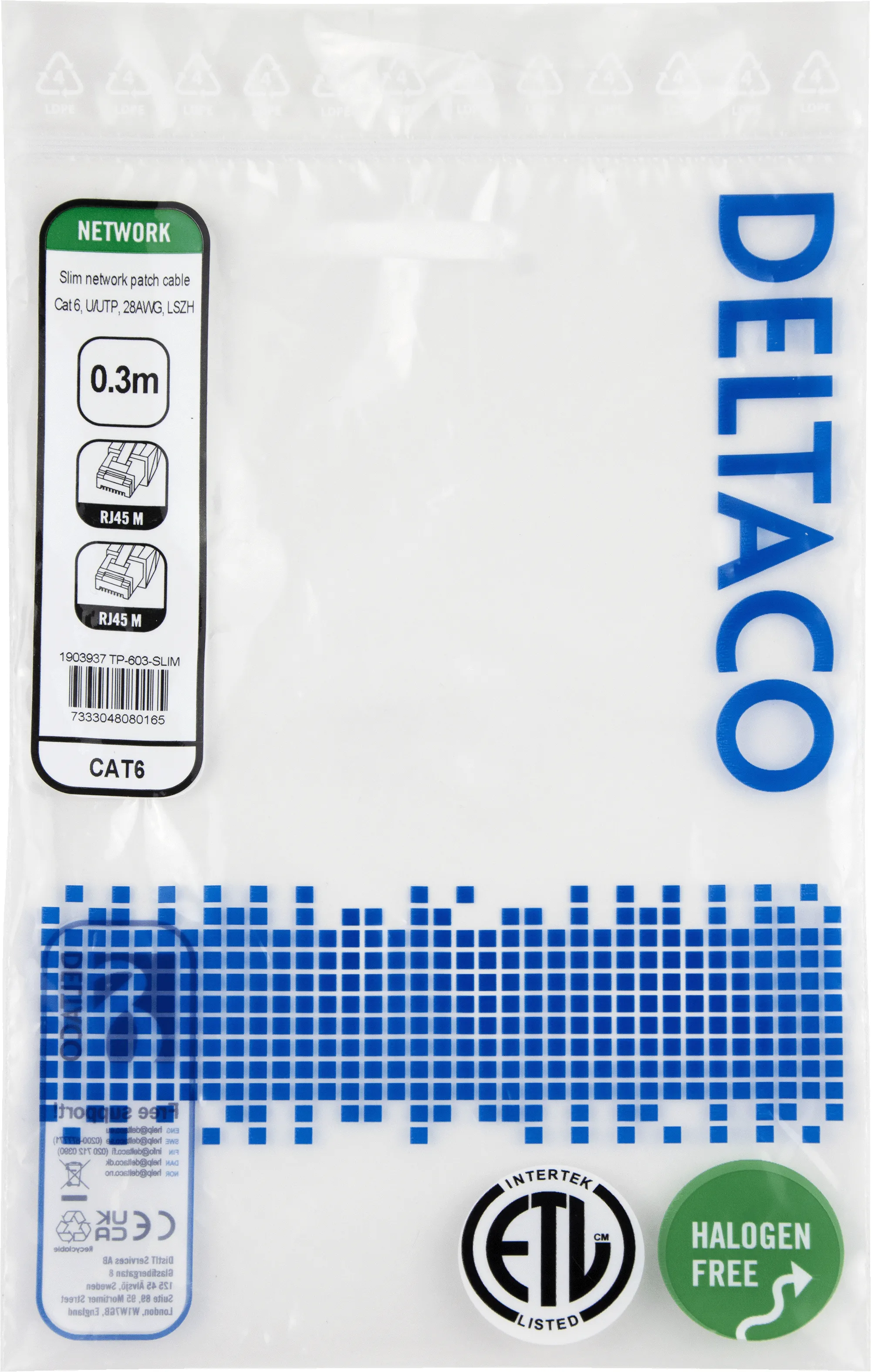 Deltaco Cat6 UTP RJ45 0.3m -verkkokaapeli, harmaa