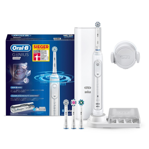 BRAUN S&Auml;HK&Ouml;HAMMASHARJA ORAL-B GENIUS 10000N. &Auml;yk&auml;s harjausj&auml;rjestelm&auml; Gum Guard -teknologialla, joka auttaa harjaamaan hammasl&auml;&auml;rien suosittelemalla tavalla. Ai