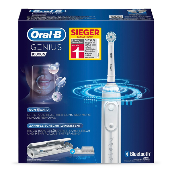 BRAUN S&Auml;HK&Ouml;HAMMASHARJA ORAL-B GENIUS 10000N. &Auml;yk&auml;s harjausj&auml;rjestelm&auml; Gum Guard -teknologialla, joka auttaa harjaamaan hammasl&auml;&auml;rien suosittelemalla tavalla. Ai