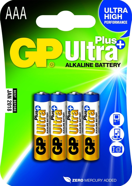 GP Ultra Plus Battery, Size AAA, LR03, 1.5V, 4-pack