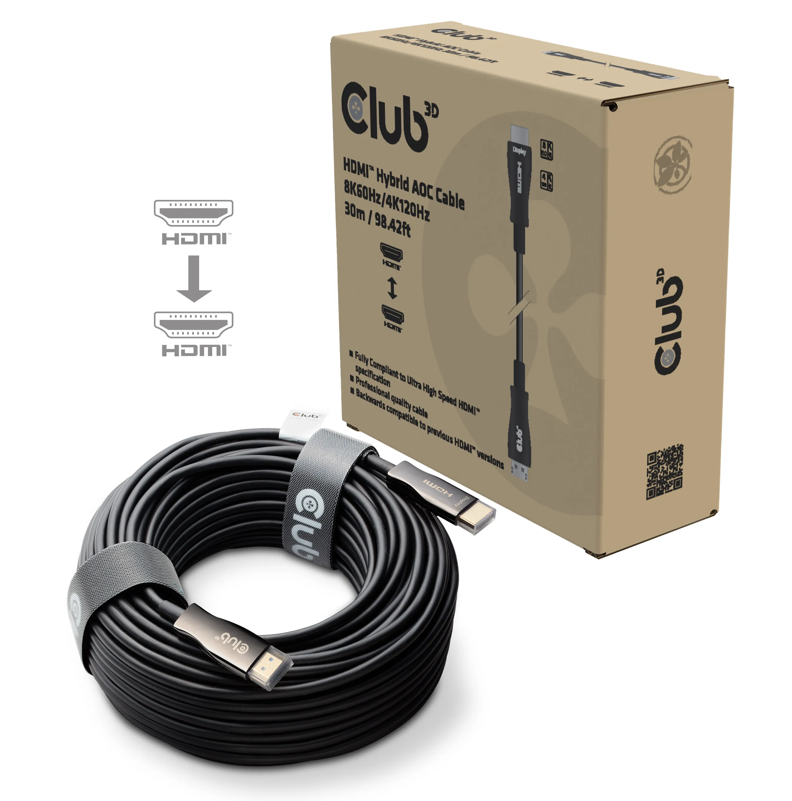 Club 3D CAC-1392 HDMI 2.1 Hybrid Active Optical -kaapeli, jossa 8K 60 Hz, 30 m, musta