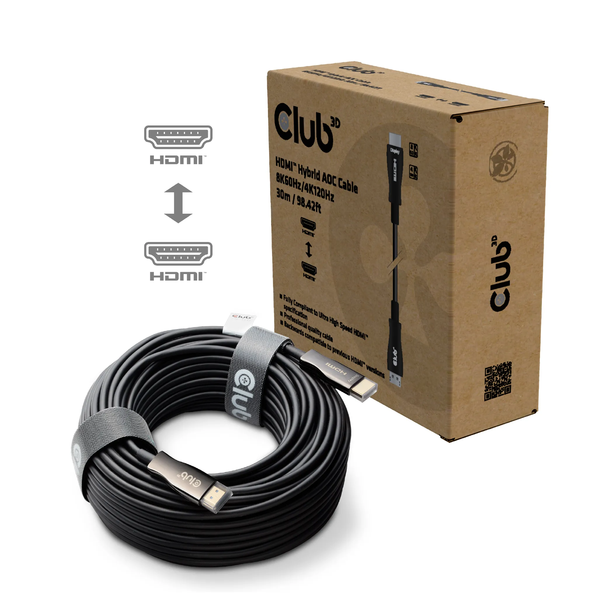Club 3D CAC-1392 HDMI 2.1 Hybrid Active Optical -kaapeli, jossa 8K 60 Hz, 30 m, musta