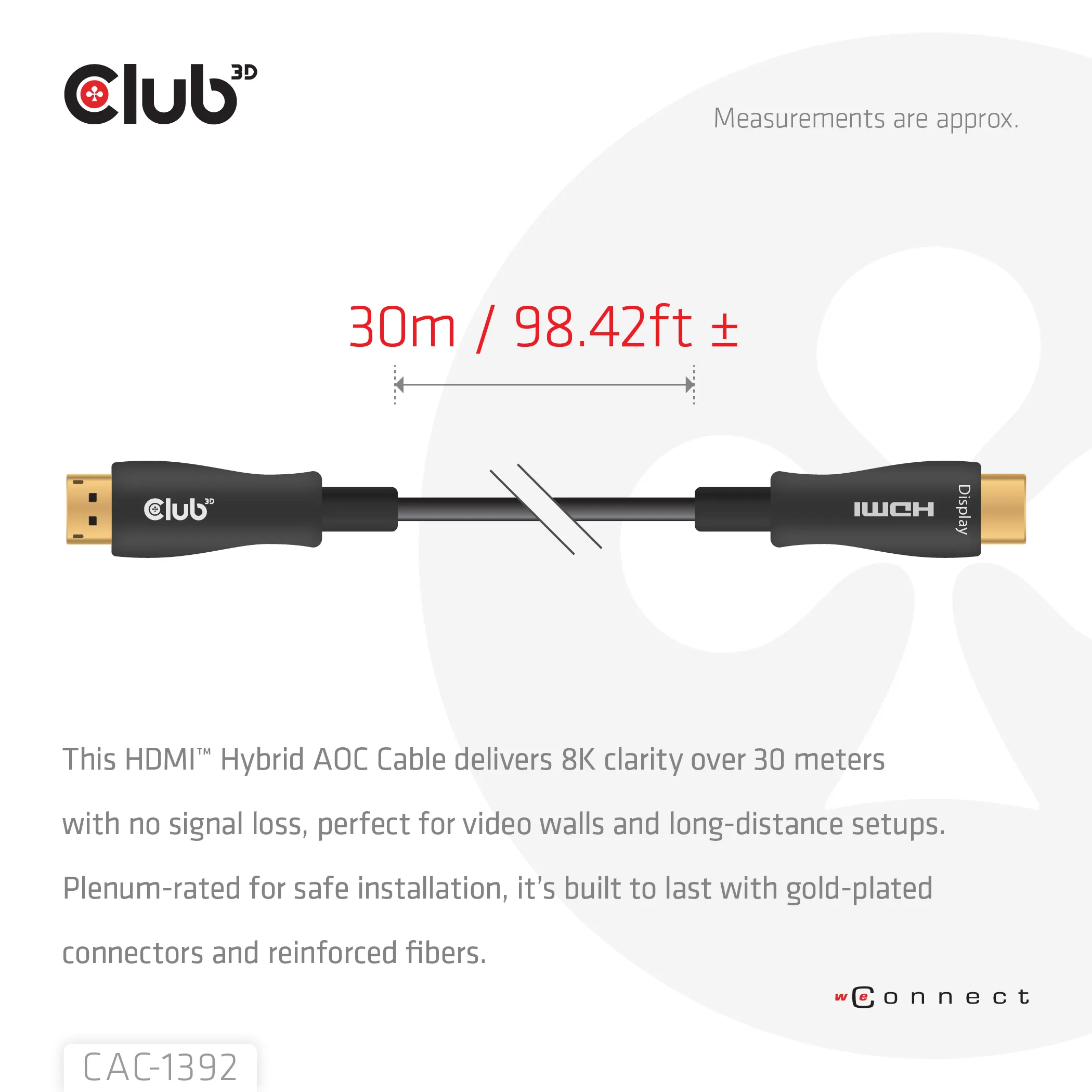 Club 3D CAC-1392 HDMI 2.1 Hybrid Active Optical -kaapeli, jossa 8K 60 Hz, 30 m, musta