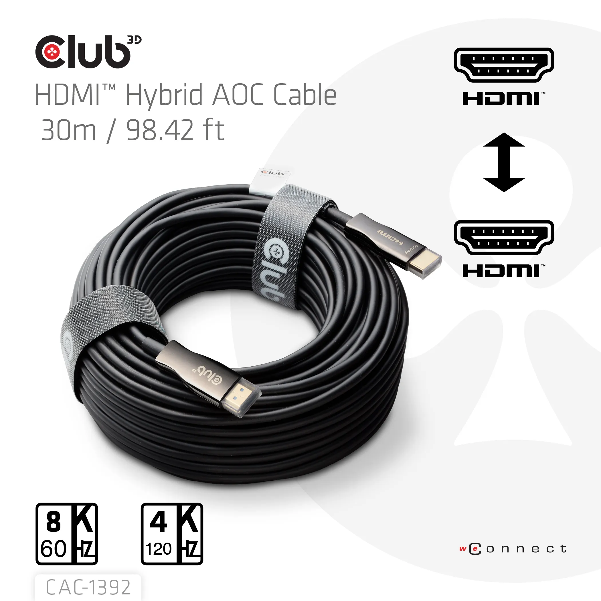 Club 3D CAC-1392 HDMI 2.1 Hybrid Active Optical -kaapeli, jossa 8K 60 Hz, 30 m, musta