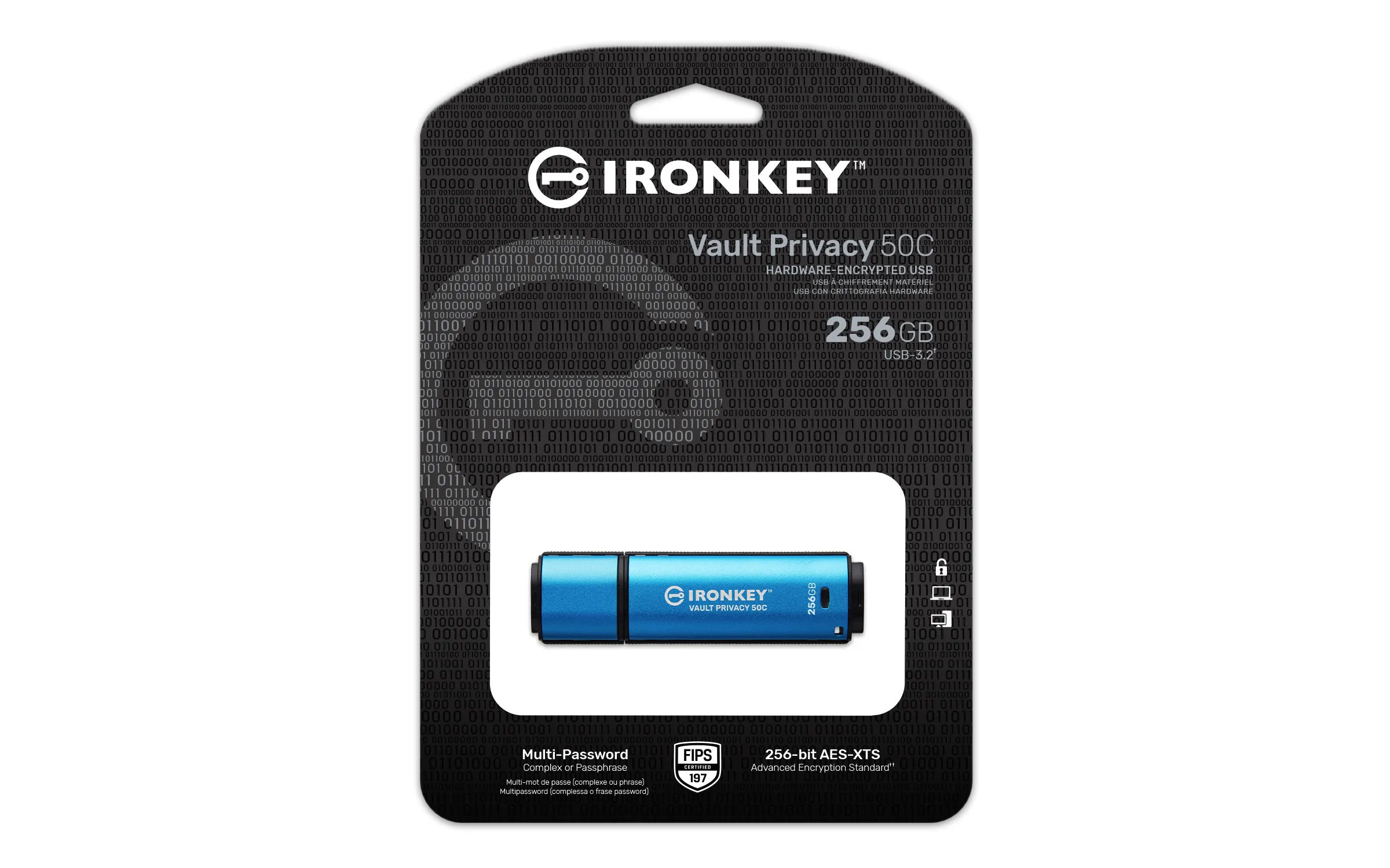 Kingston IronKey Vault Privacy 50C USB-C 3.2 Gen 1 256GB memory stick, Black/Blue