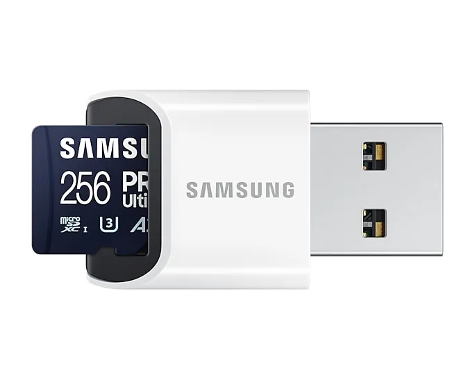 Samsung PRO Ultimate 256GB MicroSDXC UHS-I V30 A2 card with USB reader, Blue