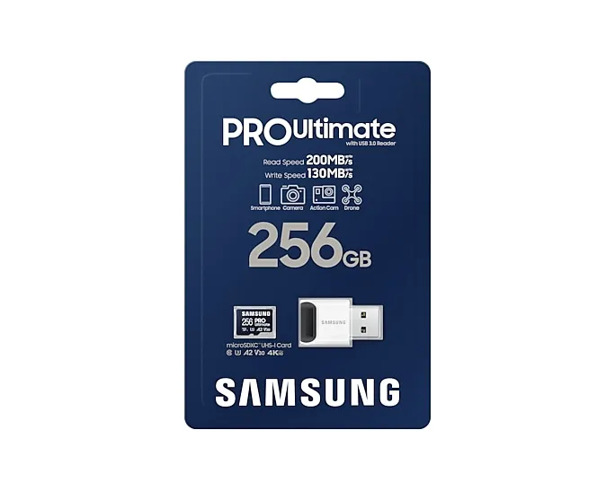 Samsung PRO Ultimate 256GB MicroSDXC UHS-I V30 A2 card with USB reader, Blue