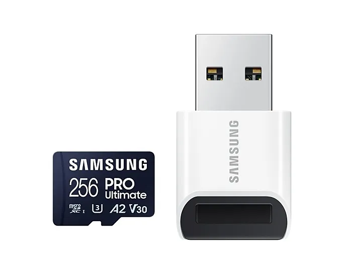Samsung PRO Ultimate 256 GB MicroSDXC UHS-I V30 A2 kort + USB-l&auml;sare, bl&aring;