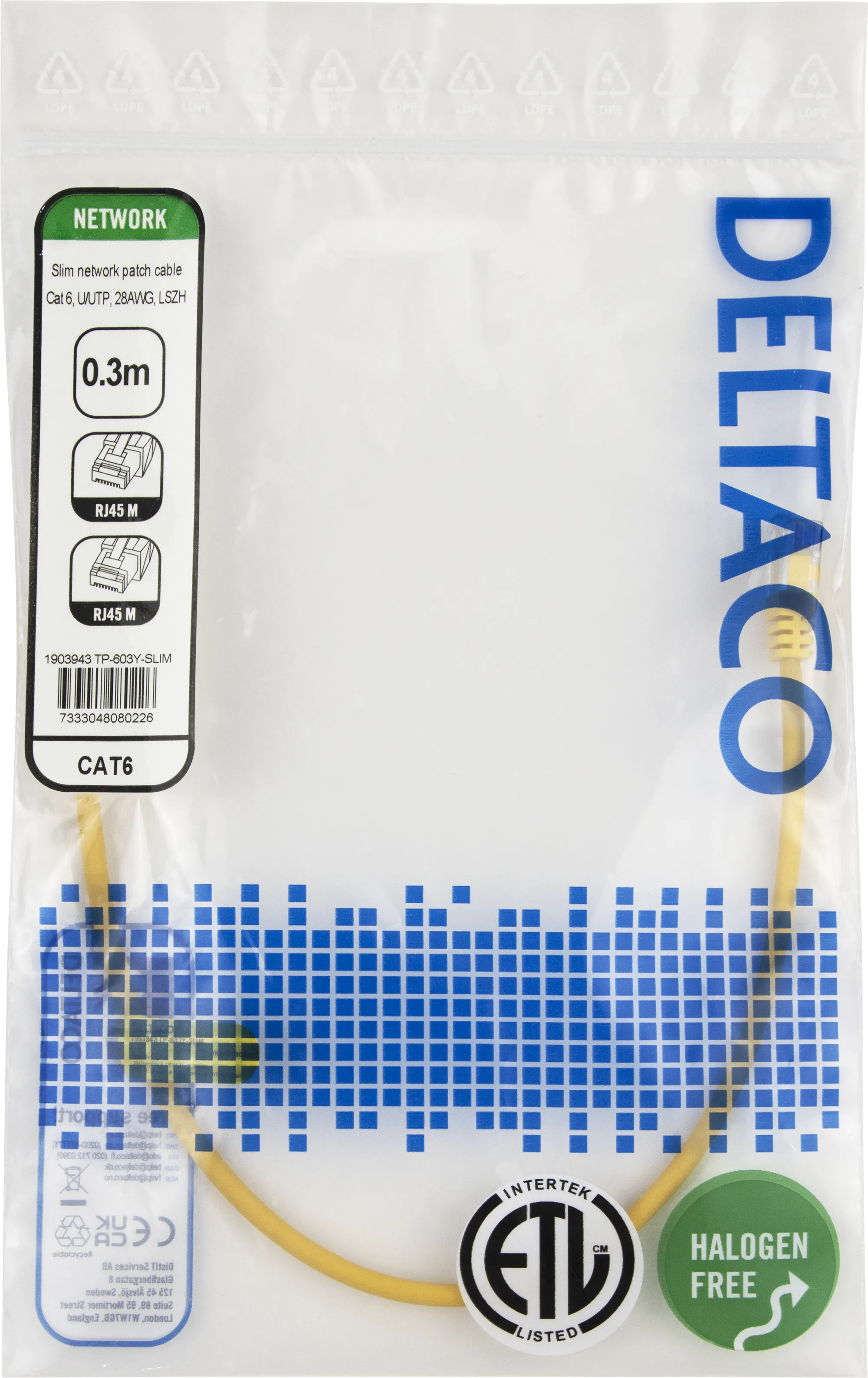 Deltaco Cat6 UTP RJ45 0.3m -verkkokaapeli, keltainen