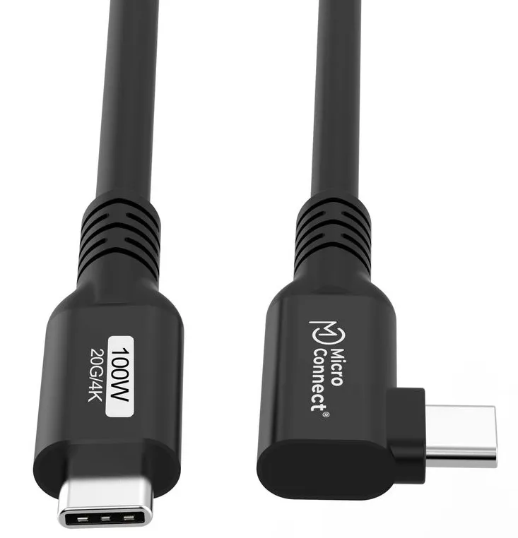 MicroConnect Premium USB-C -kaapeli kulmaliitoksella, 100W, 20Gbps, USB 3.2 Gen 2x2, 0.5m, Musta