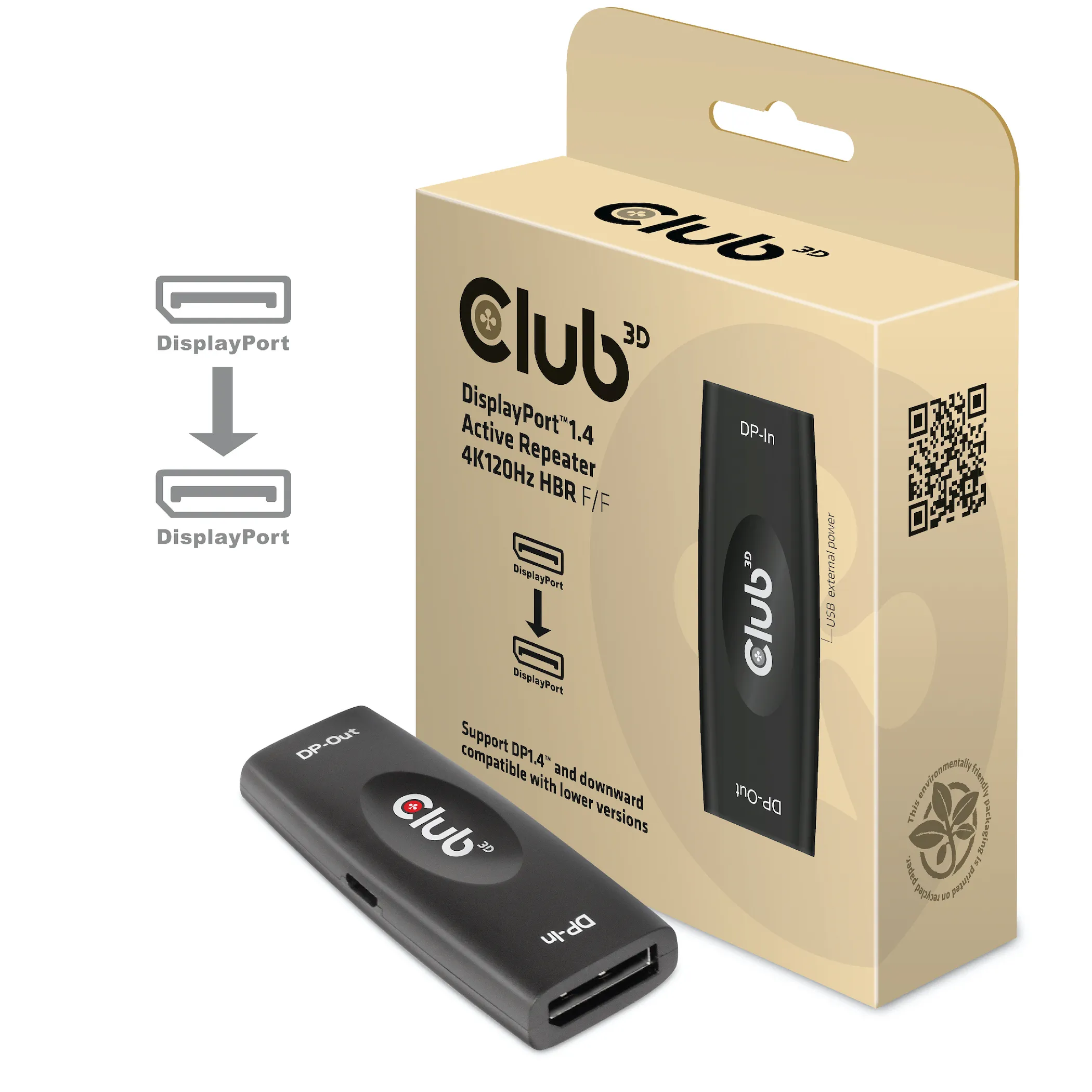 CLUB 3D Displayport 1.4 4K 120Hz HDR Active Repeater - adapter, Svart