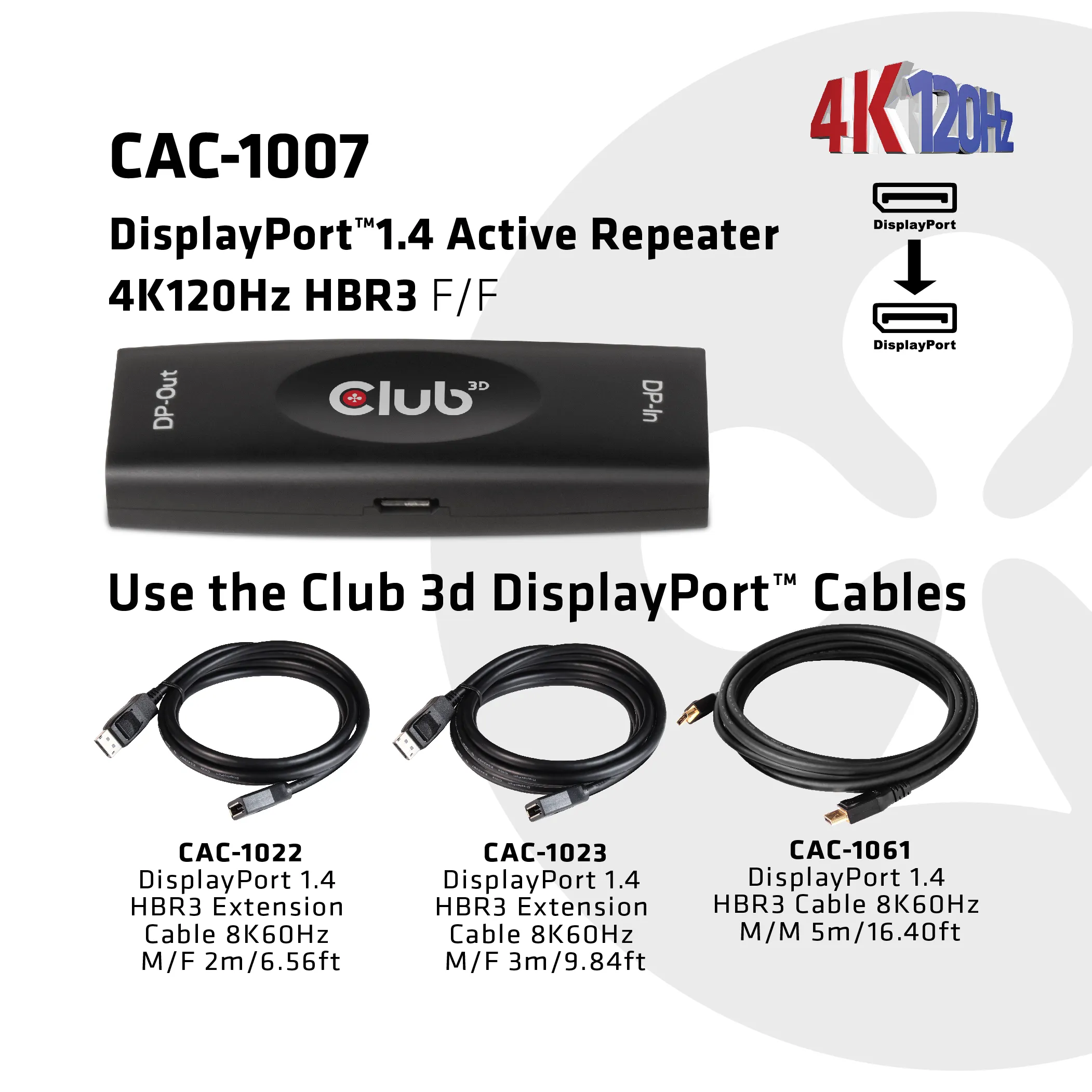 CLUB 3D Displayport 1.4 4K 120Hz HDR Active Repeater - adapter, Svart