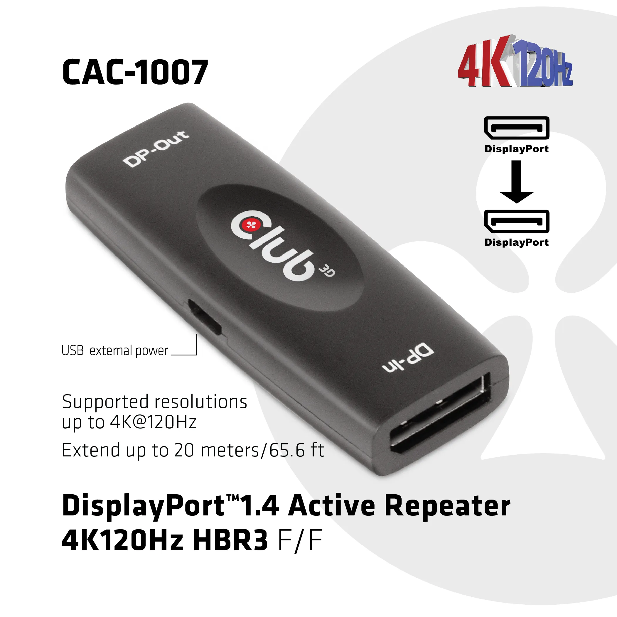 CLUB 3D Displayport 1.4 4K 120Hz HDR Active Repeater - adapter, Svart