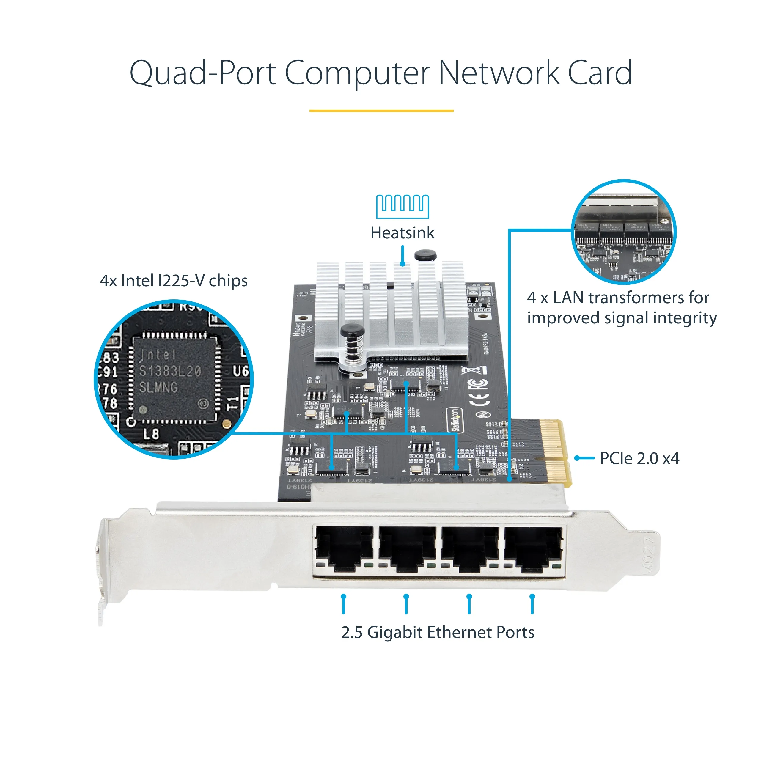 STARTECH.COM 4-Port 2.5G NBASE-T PCIe Network Card Computer Network Card Interface Intel I225-V MultiGigabit NIC Quad Desktop Ethern