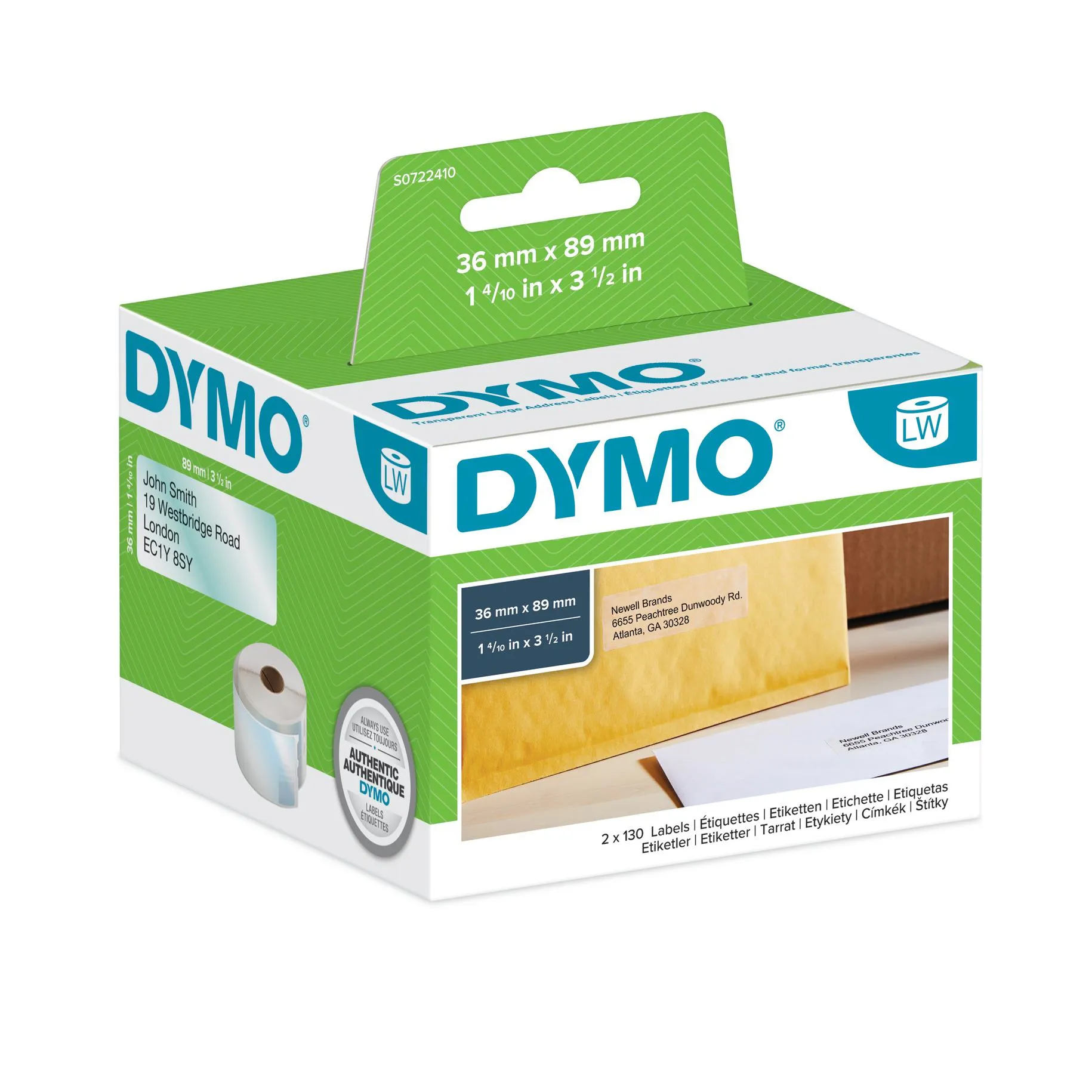 DYMO LabelWriter stora transparenta adressetiketter, 89x36mm, 260st