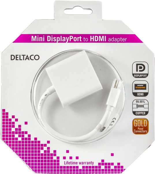 DELTACO mini DisplayPort till HDMI adapter, 20-pin ha - ho, 18cm, vit