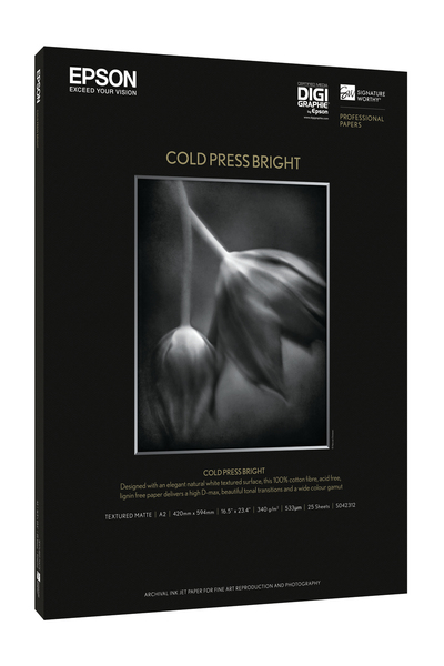 Epson Fine Art Cold Press Bright - Puuvilla - sile&auml; - A2 (420 x 594 mm) - 340 g/m&sup2; - 25 arkki (arkit) rag paper malleihin Stylus Pro 4900 Spectro_M1, SureColor